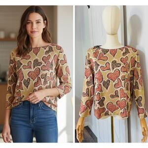 St. John Sport Size XL Heart Print Shimmer Metallic Knit Embellished Sweater Top